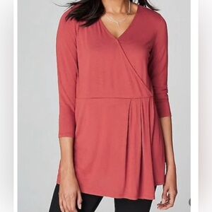 J Jill Tunic Shirt Womens Medium Pink Coral Wearever Collection Faux Wrap 3/4Slv